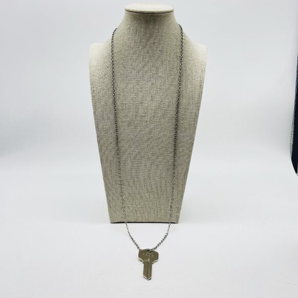 Silver Tone Key Necklace Long Chain Statement Jewelry Engraved Pendant FREE - Picture 6 of 6